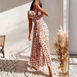ZARA NEW RUFFLED MIDI DRESS RED WHITE FLORAL